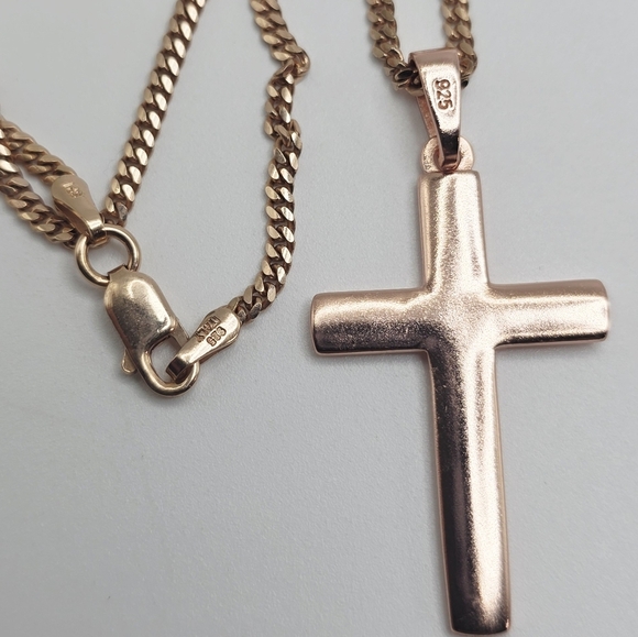 Rose Gold Over S925 Solid Silver Cross Pendant Necklace - Picture 1 of 6